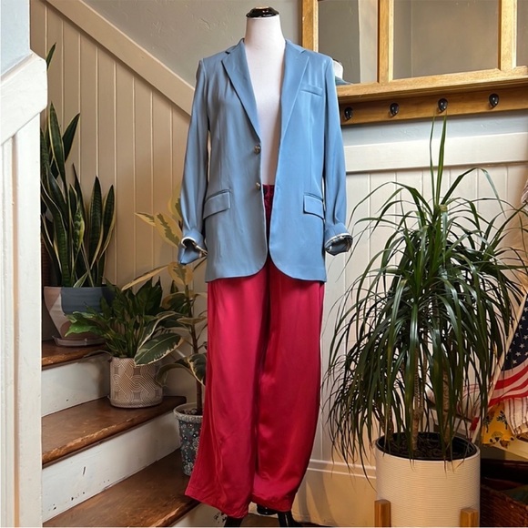 Emporio Armani High Rise Wide Leg Satin Trousers in Red - Picture 2 of 16